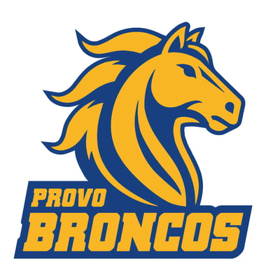 Provo Broncos logo with a gold bronco head on a blue shield