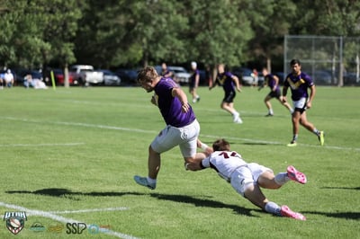 Raiders player in purple and gold hurdles a diving Seagulls tackler in open field