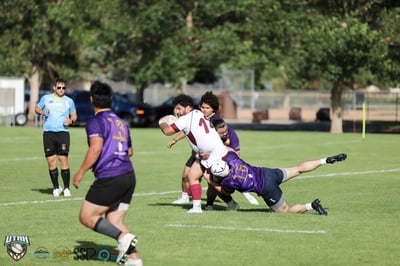A Raiders defender in purple and gold dives full-length to bring down a Seagulls ball carrier in open field