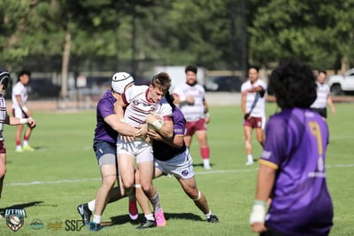 Seagulls ball carrier wearing headgear is wrapped up high by a Raiders tackler with the ball clamped to his chest