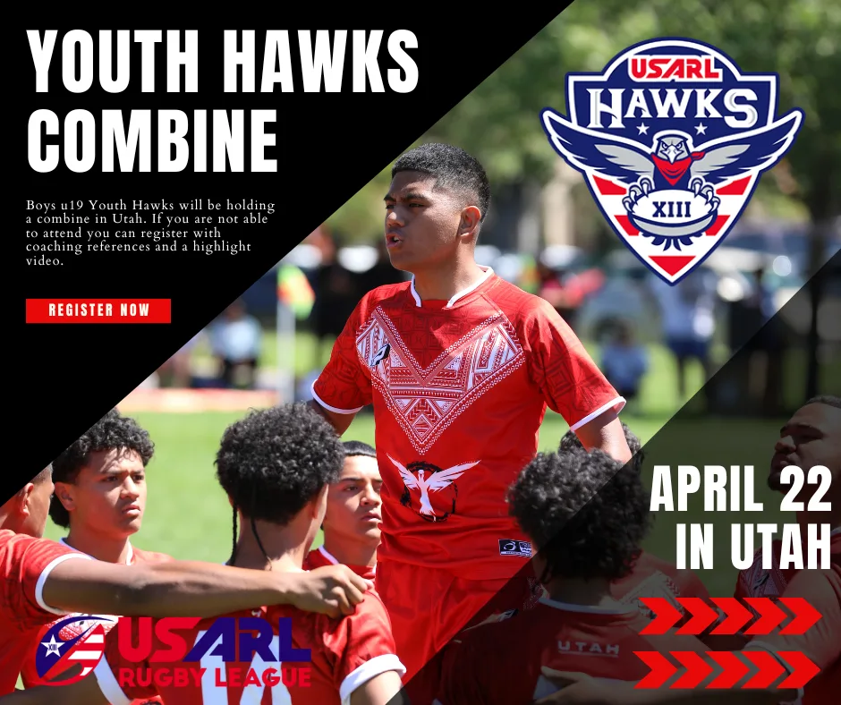 Youth Hawks combine flyer: boys U19 combine on April 22 in Utah, with a young ball carrier in a red Tonga jersey pictured and a register-now button